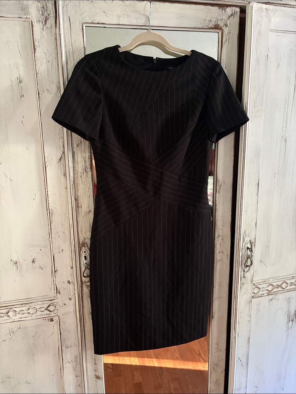 Tahari Black Pinstripe Fitted Sheath Dress